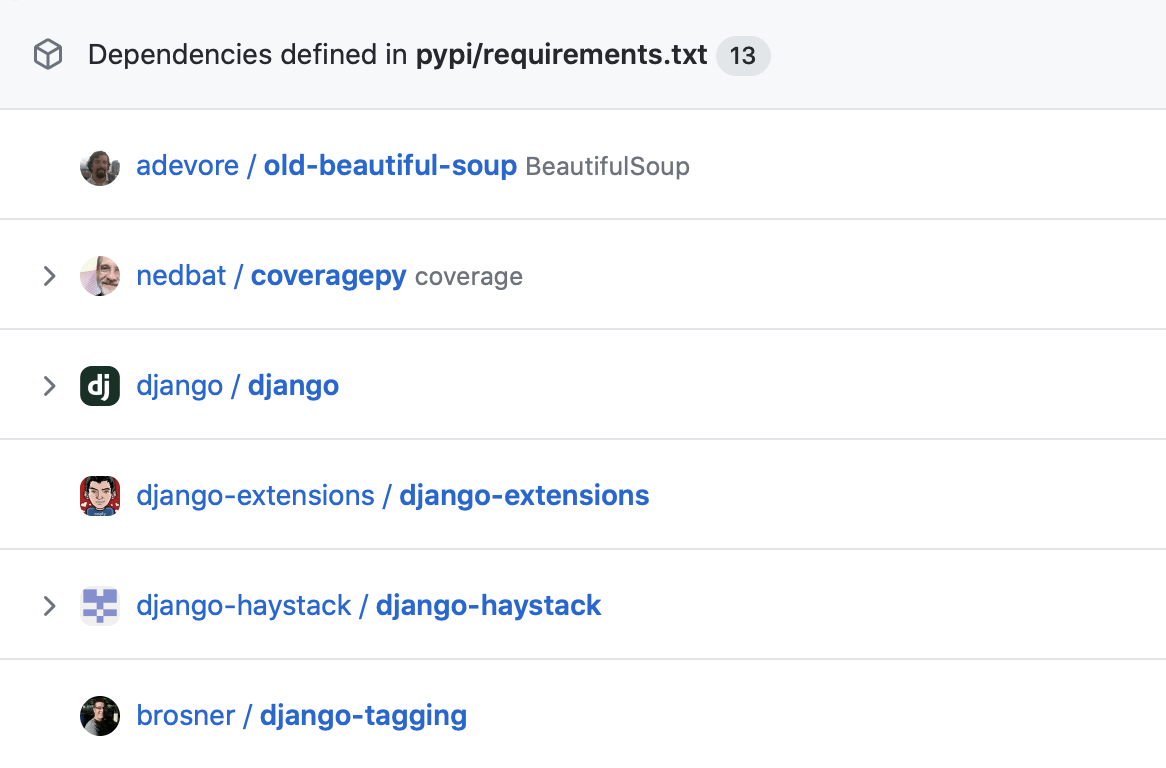 GitHub's sample dependency list