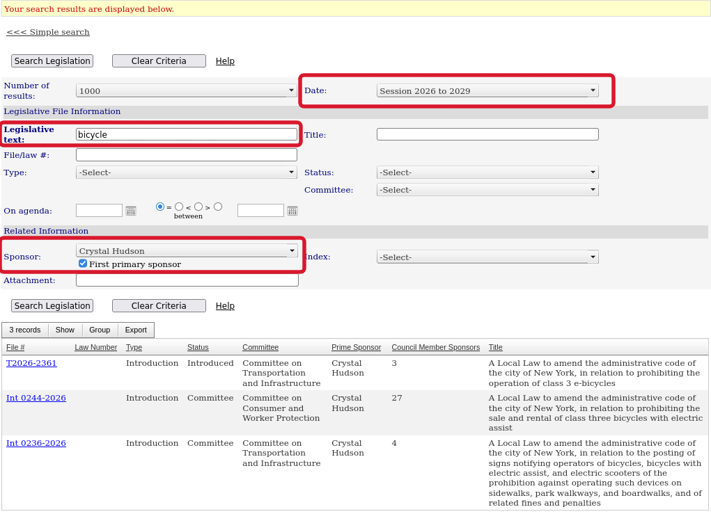 Screenshot of a Legistar advanced legislation search. I've drawn red boxes around the fields I used, which are: Date: Session 2026 to 2029; Legislative text: bicycle; Sponsor: Crystal Hudson (with the "First primary sponsor" checkbox checked). 3 results.