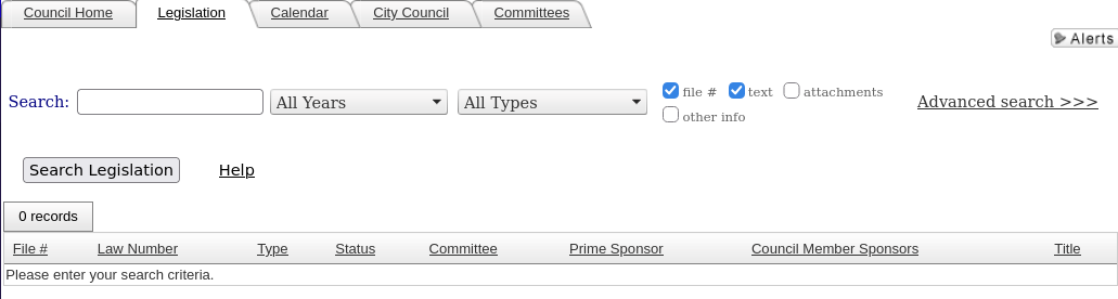 Legistar's default search for legislation.
