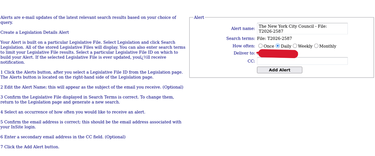Screenshot of Legistar page for creating and configuring an email alert for a bill. User can edit the alert name and delivery frequency, and add an address to cc.