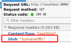 A bespoke header in an HTTP response, reading Glub: Sumanariffic