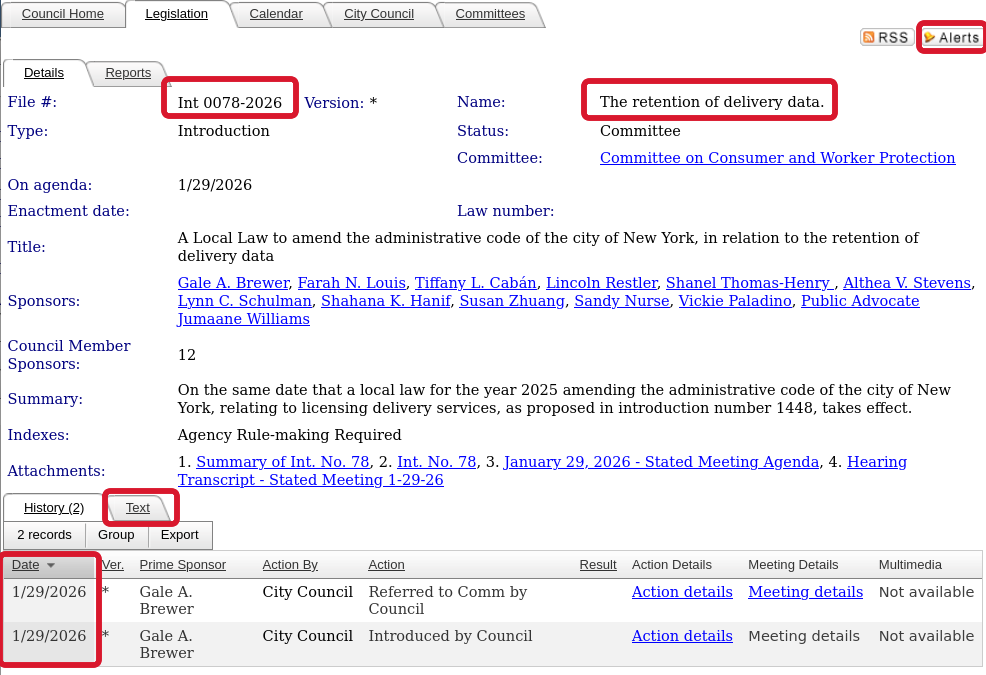 A screenshot of the Legistar view for bill Int 0078-2026, with several key areas highlighted.