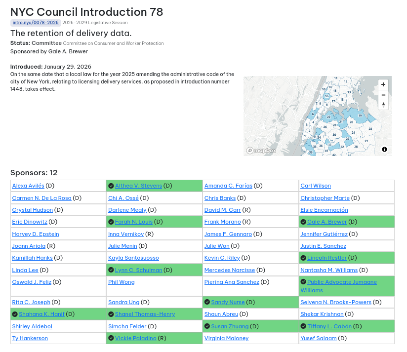 Screenshot of a sample bill on intro.nyc, including a color-coded table of who is and is not sponsoring it.