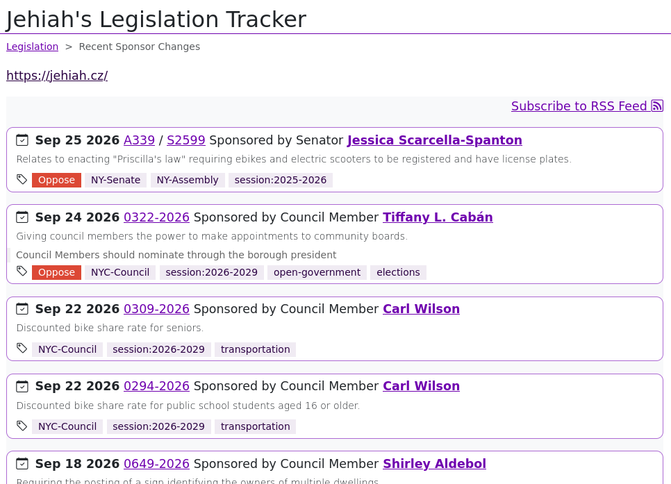 A reverse-chronological list of notes about legislation, such as "Sep 25 2026 - A339 / S2599 - Sponsored by Senator Jessica Scarcella-Spanton", each annotated with a bill description and tags such as "transportation", "NY-Senate", and "oppose".